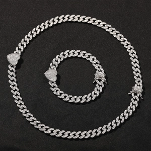 Hip hop silver Cuban link chain jewelry set with iced out heart pendants and CZ stones