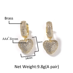Hiphop full zircon heart drop earrings in gold plated brass with AAA+ cubic zirconia