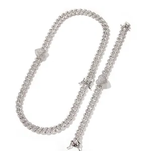Hip Hop Iced Out Heart Pendant Cuban Link Chain Necklace And Bracelet Copper Rhinestone Jewelry For Men Trendy Gold Silver Rose Gold
