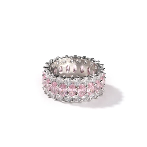 Drei-reihiger Ring mit rosa ovalen Steinen und weißen Zirkonia in poliertem Silber-Finish