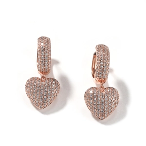 Hip hop rose gold heart stud earrings featuring full pavé zircon stones and secure backings