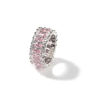 Dreireihiger Eternity Ring Kupfer Zirkonia Rosa Oval Weißer Runder Stein Hip Hop Personalisierter Modeschmuck Damen Party