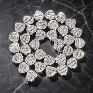Hip Hop Vereiste Herz Link Kette Halskette Gold Silber Roségold Plattiert Messing Baguette Zirkon Schmuck Für Damen Herren