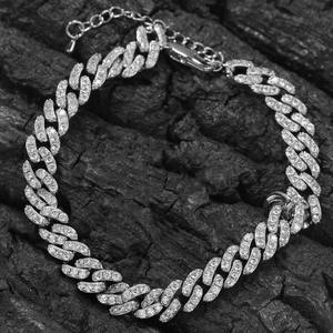Detailed view of rhinestone paved Cuban link anklet with adjustable extension chain