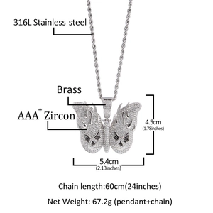 Detail van hiphop vlinder schedel hanger met zirkoon en 316L roestvrijstalen ketting