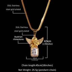 Detail view of 316L gold-plated angel pendant with dimensions and Austrian crystal