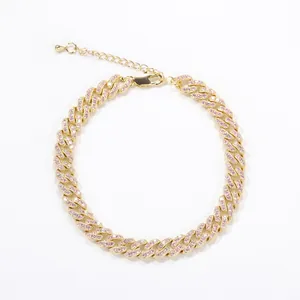 Luxury Iced Out Cuban Link Anklet With Pink White Zirconia For Women Alloy Adjustable Extension Foot Chain Gold Silver Anklet