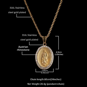 Detail of 316L gold plated oval Virgin Mary pendant with crystals and rope chain