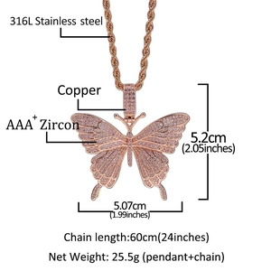 Detail van de roségouden vlinder hanger met afmetingen en AAA+ zirkoon specificaties