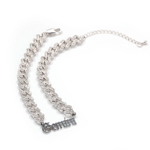 Silver iced-out Cuban link Gemini anklet with sparkling zircons and adjustable chain