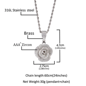 Gedetailleerde afmetingen van roos hanger ketting met 60cm ketting en AAA+ zirkonia's