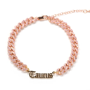 Rose gold Cuban link anklet with pink zircon and Gothic Taurus nameplate and extension chain