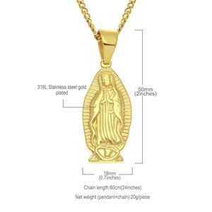 Detailed dimensions of 316L gold plated Virgin Mary pendant with 24 inch Cuban chain