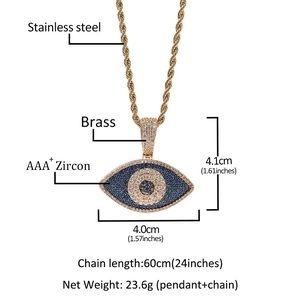 Vue détaillée du pendentif œil maléfique avec incrustation de zircon et dimensions de la chaîne