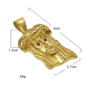 Detailed view of gold plated Jesus pendant showing dimensions of 5cm by 2.7cm