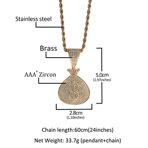 Specificaties van hiphop gouden geldzak hanger met AAA+ zirkoon en gedraaide ketting