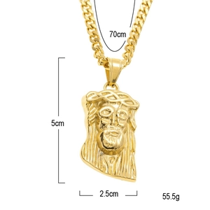 Detailed view of gold-plated Jesus pendant necklace with 70cm Cuban chain dimensions