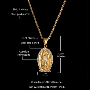 Detail of Virgin Mary pendant in 316L stainless steel with Austrian rhinestones