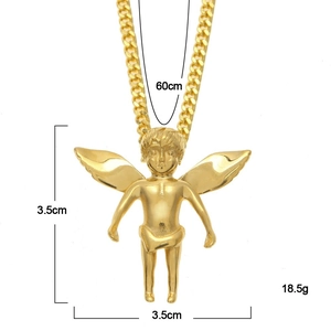 Macro view of gold plated angel wing pendant with 60cm cuban chain and size dimensions