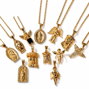 Hip Hop Stainless Steel Angel Jesus Pendant Necklace Gold Plated Rhinestone Religious Wings Jewelry For Men Women