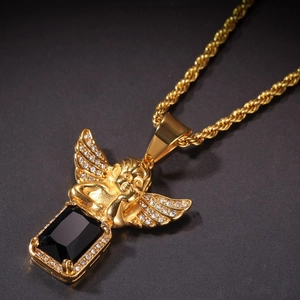 Hip-hop gold plated angel pendant necklace with black gemstone and rope chain