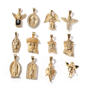 Hip hop style gold plated stainless steel necklace with religious angel and Mary pendants