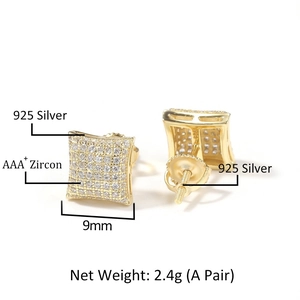 Macro detail of 9mm square 925 silver stud earrings with AAA zircon and screw backs