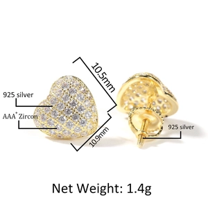 Detail of 925 sterling silver gold heart stud earrings with AAA+ zircon and screw backs