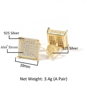 Detail of 925 sterling silver square stud earrings with AAA+ zircon and screw backs
