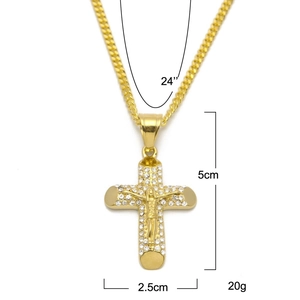 Detailed view of gold plated cross pendant with Jesus figure and diamond dimensions