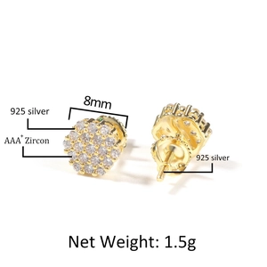 Detailed view of 8mm 925 silver stud earrings featuring gold plating and AAA+ zircon inlay