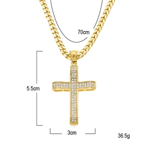 Detailed size specifications for gold cross necklace with iced out rhinestones and dimensions