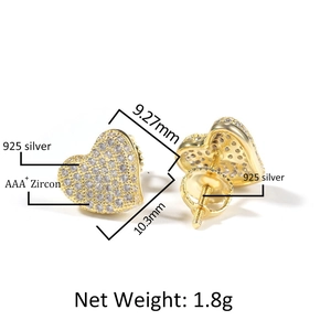 Detailed macro view showing heart stud dimensions and 925 silver with AAA zircon stones