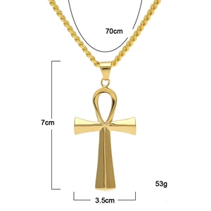 Detail view of gold Ankh cross pendant with size measurements 7cm x 3.5cm and 70cm chain