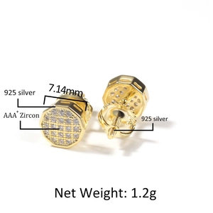 Macro detail of 925 silver octagon stud earrings with AAA+ cubic zirconia pavé setting