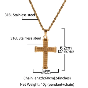 Detail view of 316L stainless steel gold cross pendant with grid texture on rope chain