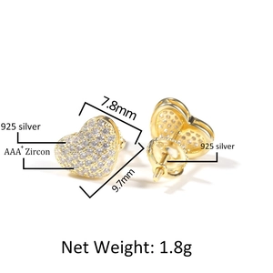 Technical dimensions of gold heart stud earrings with AAA+ zircon and 925 silver details
