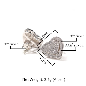 Detailed view of 925 silver heart earrings with AAA+ zircon and threaded backings