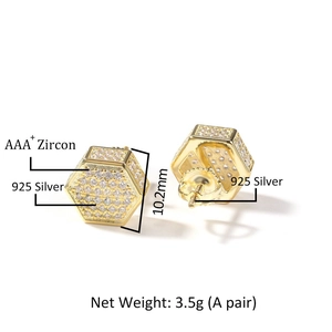 Close-up of 10.2mm gold-plated 925 silver hexagonal earrings with AAA+ zircon stones