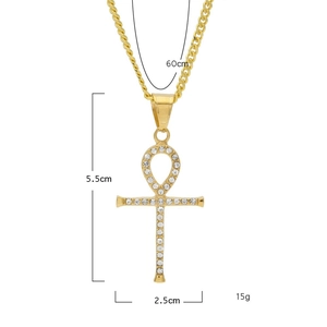 Detailed specs of iced out gold Ankh cross pendant 5.5x2.5cm with 60cm chain link