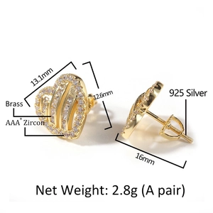 Detail showing dimensions of heart-shaped gold brass earrings with AAA+ zircon stones