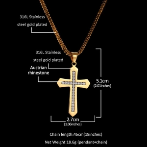 Detailed view of gold plated cross pendant with cubic zirconia and chain measurements