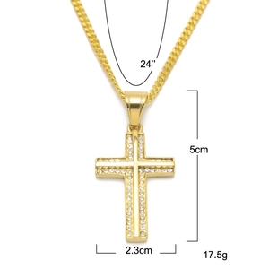 Detailed view of gold plated cross pendant necklace with clear zircon inlay and size dimensions