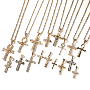 Hip hop gold plated stainless steel cross and ankh pendant necklaces with rhinestones