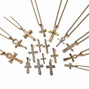 Stainless Steel Hip Hop Cross Pendant Necklace Gold Plated Rhinestone Ankh Jesus Crucifix Religious Jewelry For Men Women Daily Streetwear Party