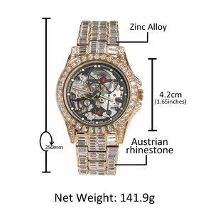 Iced out gold mechanical watch for men featuring Austrian rhinestones and skeleton dial