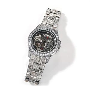 Macro view of iced-out automatic skeleton watch with square-cut crystals and gears