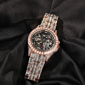 Men's hip hop luxury mechanical watch in rose gold with skeleton dial and full rhinestones