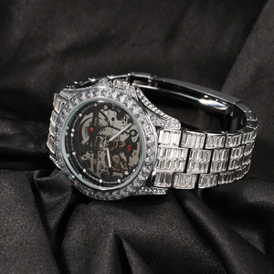 Luxury skeleton mechanical watch for men with full diamond-set bezel and steel strap
