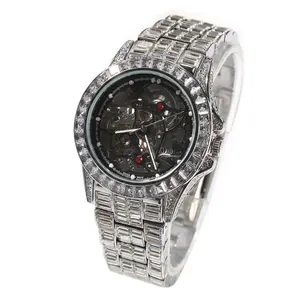 Men Luxury Hip Hop Iced Out Skeleton Automatic Mechanical Watch Rhinestone Baguette Inlaid Stainless Steel Wristwatch